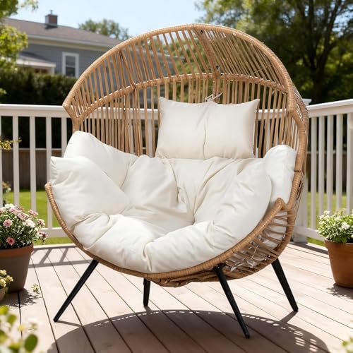Oversized Outdoor Wicker Egg Chair, Patio Lounge Chair Basket Seat with Thick Cushion, All Weather Indoor Outdoor Porch Rockers for Balcony, Living Room, Lawn Garden