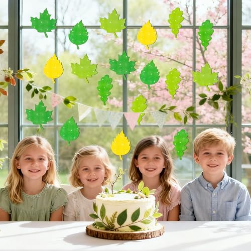 Image of Spring Leaves Paper Cutouts - 100Pcs Glitter Green Leaf DIY Paper Cuts for Birthday Party Supplies Maple, Oak, and Birch Leaves Shape DIY Cutouts for Spring Home School Bulletin Border Wall Decoration
