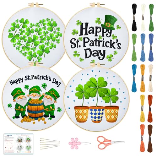 Image of BEUNITONE 4 Set Lucky Clover Pattern Embroidery Kit for Adult Beginners | DIY Complete Needlepoint Kits for Adults, Cross Stitch Starter Kit with Hoops, Handmade Gifts for Fabric Home Decor 20x20cm