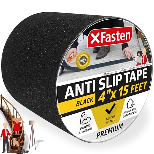 XFasten Anti Slip Grip Tape for Stairs, 4 Inches x 15 Feet, Waterproof Grip Tape for Stairs, Indoor, Outdoor Steps and Treads- Heavy-Duty High Traction Non-Skid Friction Safety Strips, Black
