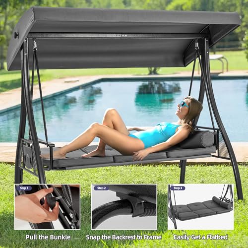 Image of HOMREST 3 Seat Outdoor Porch Swing with 1.5 inch Deepened Cup Holder, Adjustable Canopy, Patio Swing Bed with Stand, Patio Glider Swing with Thicken Cushions, Pillow for Yard, Garden(Grey)