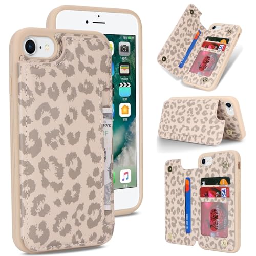 iCoverCase Compatible with iPhone SE(2022)/SE(2020)/7/8 Wallet Phone Case with Card Holder for Women Men RFID Blocking Card Slots PU Leather Protective Case (Beige Leopard)