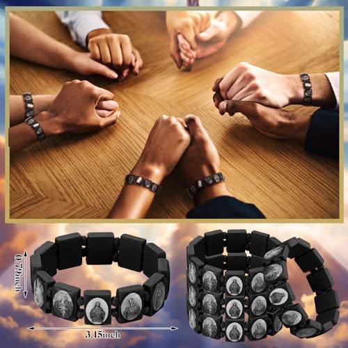 12 Pcs Devotional Catholic Religious Wood Stretch Bracelets Wooden Jesus Virgin Mary Bracelets with Images of Christian Saints Rosary Religious Saints Jesus Gift for Women Men3