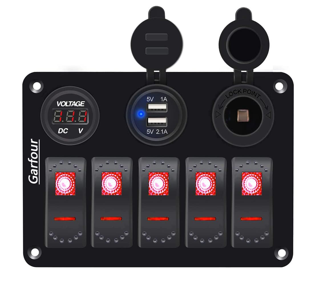Garfour Red 5 Gang Marine Switch Panel - Waterproof Boat Switch Panel with 3.1A Dual USB, LED Voltmeter & Cigarette Lighter Socket for Boats, Trucks,