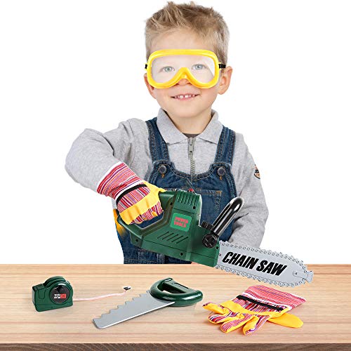 BeebeeRun 6 Pcs Kids Tool Set with Power Chainsaw, Pretend Play Tool Set with Measuring Tape and Hand Tools Accessories for 3 4 5 6 7 Years Old Boys Girls,Outdoor Lawn Tools Plastic Toy Chainsaw Set