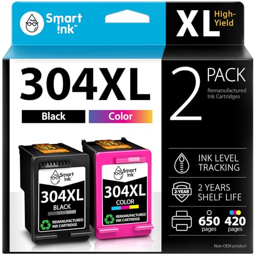 Smart Ink Remanufactured Ink Cartridges Replacement for HP 304 XL 304XL (Black and Colour) for HP Printer Envy 5020 5000 5010 5030 5032 DeskJet 2600 3760 2630 2620 2632 3700 3720 2622 (2 Combo Pack)