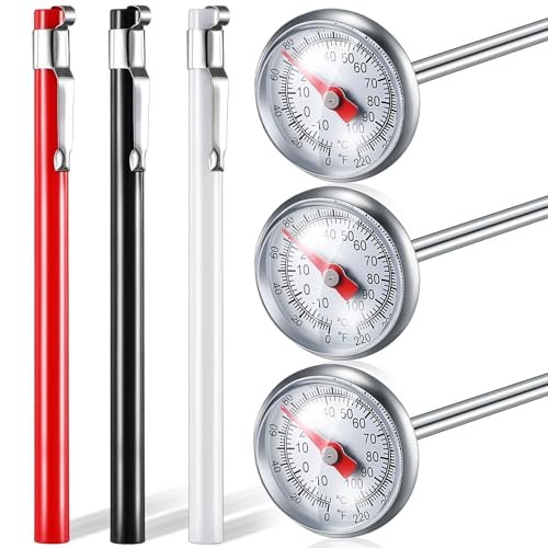 Xuhal 3 Pcs Stainless Steel Kitchen Thermometer with 5 Inch Long Stem 1 Inch Dial Thermometer Milk Frothing Food for Oven Probe Meat Grill BBQ Cooking Chocolate Water (Red Black White)