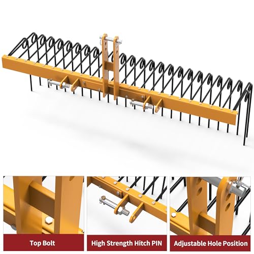 YITAMOTOR 60" Durable Powder Coated Steel Pine Straw Rake Steel Spring Landscape Rake Attaches to Cat-0 Cat-1,3 Point Hitch for Tractor, Yellow