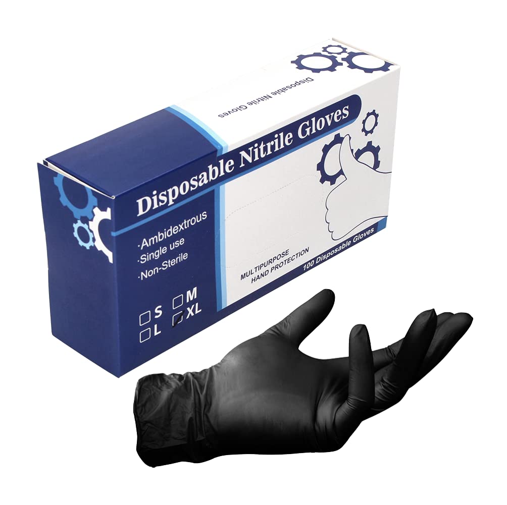 Toolbrothers Guantes desechables de nitrilo en caja dispensadora, color negro y negro, 100 unidades, talla XL, extragrande, no estéril