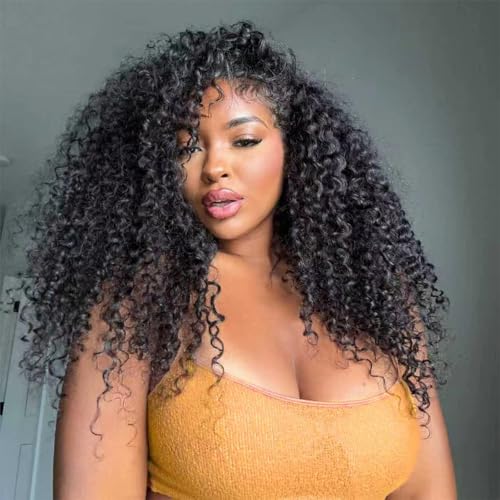 Half Wig Human Hair 3 In 1 Kinky Curly Half Wig Human Hair Wear and Go Glueless Headband Wigs for Women with Drawstring Seamless Flip 180% Density Natural Black 24 Inch Beginner Friendly