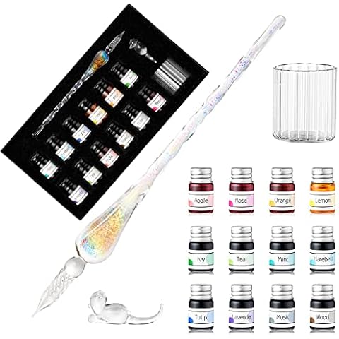 ESSSHOP Glass Dip Pen Set Calligraphy Fountain Pen Kit - 12 Colors Ink Glass Washing Cup Pen Holder Handmade Crystal Rainbow Glass Ink Pen for Art Writing Drawing Signatures Christmas Gifts Set Cover