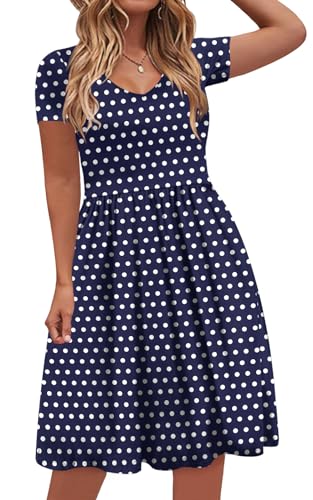 Image of DB MOON Women 2026 Casual Summer Dresses Plus Size V Neck Short Sleeve Knee Length Dress with Pockets(Polka Dot Navy Blue, 3XL)