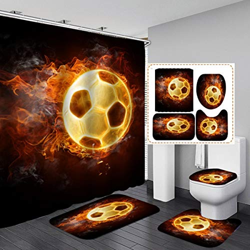 MOUMOUHOME 3D Printed Football Shower Curtains for Bathroom Sports Theme Black Shower Curtain Set with Rugs and Accessories Soccer Ball for Kids Boys Men Soccer Print 4 Pcs