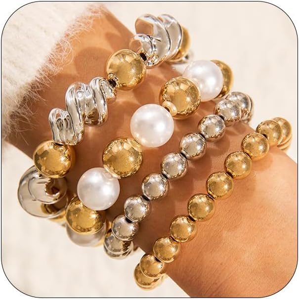 Trendy Big Gold Pearl Beaded Bracelets Stack for Women, Unique 4Pcs Stackable Stretch Chunky Large Silver Beads Twisty Bracelet Set Party Jewelry Gift