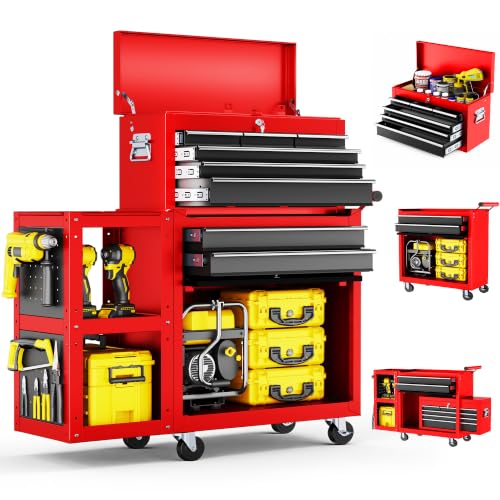 Image of 8-Drawers Rolling Tool Chest, Assembled Tool Cabinet, Detachable Top Toolbox, 30% Extra Storage Tool Cabinet Universal Lockable Wheels, Tool Rack, Metal Tool Storage Cart for Garage Workshop, Red