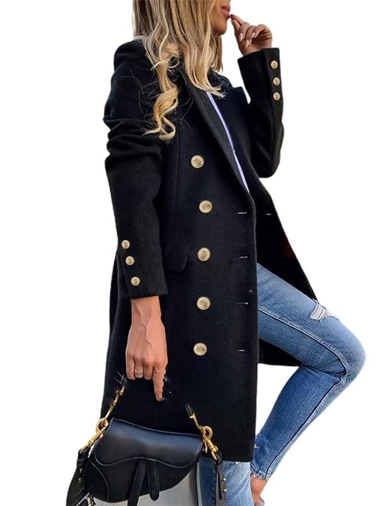 idealsanxun womens fall winter wool coats double breasted midi peacoat trench coats
