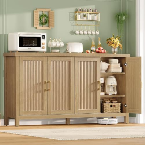 Image of TEENFON 63 inch Buffet Cabinet with Storage, Fluted Sideboard Cabinet with 4 Adjustable Shelves, Modern Coffee Bar with 4 Doors, Coffee Bar Cabinet for Kitchen, Living Room, Natural