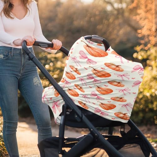 Image of Baby Car Seat Cover, Breathable Car Seat Canopy, Fall Pumpkin Bow