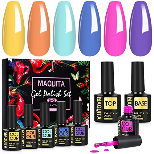MAQUITA 8 vernizes semipermanentes UV LED, kit de unhas em gel Soak Off 8 ml, com base, camada superior brilhante, conjunto de vernizes de unhas de brilho arco-íris,presente para mãe e namorada Cover