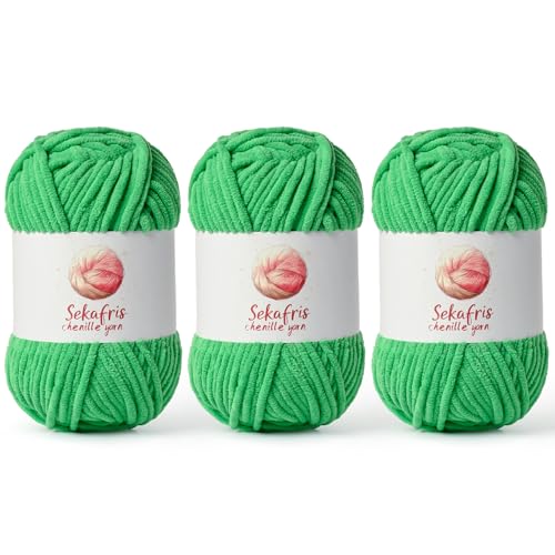 Image of Chenille Yarn for Crocheting, Size 5 Bulky,3 Christmas Green | 300g /393yds Soft Chunky Velvet Yarn for Crochet and Knitting,Fluffy Baby Yarn for Amigurumi,Blankets and DIY Crafts.