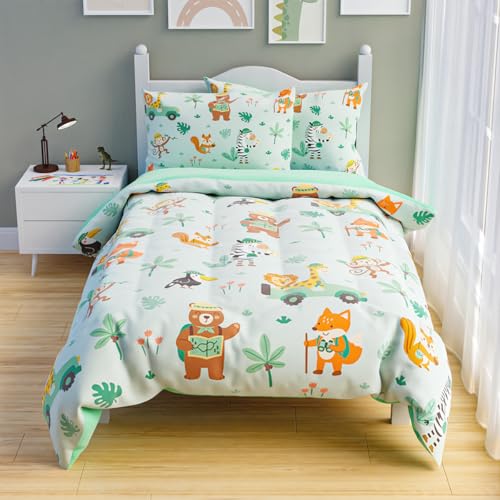 Image of SANDJEST Jungle Animal Comforter Set Full Size 98x86in for Kids Boys, Microfiber 4 Pcs Bedding Set Includes 1 Comforter, 2 Pillowcases, 1 Fitted Sheet, Nursery Room Decor