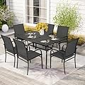 Crownland 7 Piece Patio Dining Set, Outdoor Textilene Dining Sets, 6 Textilene Metal Chairs and Rectangular Outdoor Dining Table with 1.57" Umbrella Hole,Black