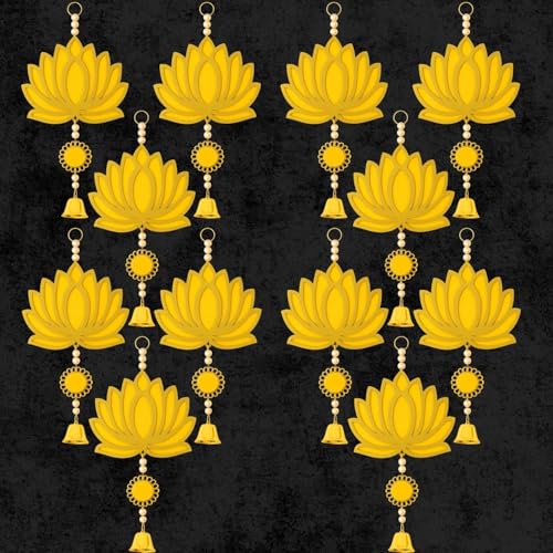 Image of ARLICORPING Wooden Lotus Wall Hanging for Festive Decoration - Diwali, Ganpati, Pooja Room, Mandir, Living Room, Door, Hall, Entrance, Spiritual Decor (Lotus + Bell-Yellow, Pack of 12)