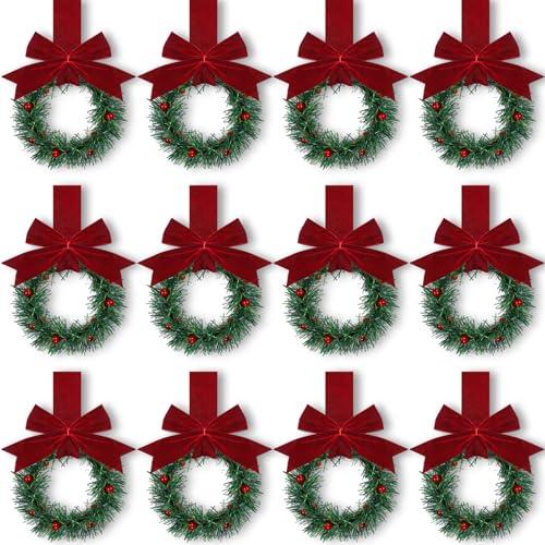 Retrowavy 12 Pcs Christmas Kitchen Cabinet Wreaths with Ribbon 3.94 Inch Mini Christmas Wreath Small Kitchen Xmas Decor for Window Door(Burgundy)
