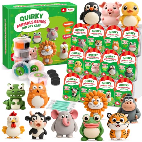 Kasfalci Air Dry Clay Kit for Kids 12 Animals Modeling Magic Clay Sculpting Set DIY Party Favors Arts & Crafts for Kids Ages 4-6-8-12 Ultra Light & Soft Safe & Non-Stick with Tools & Tutorials