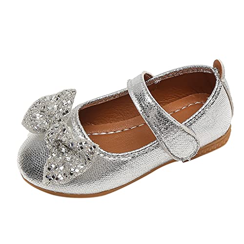 Fashion Autumn Girls Casual Shoes Flat Light Solid Color Sequin Bow Cute Shiny Dress Shoes Girls Mary Jane Shoes (Silver, 6-7 Years Little Child)