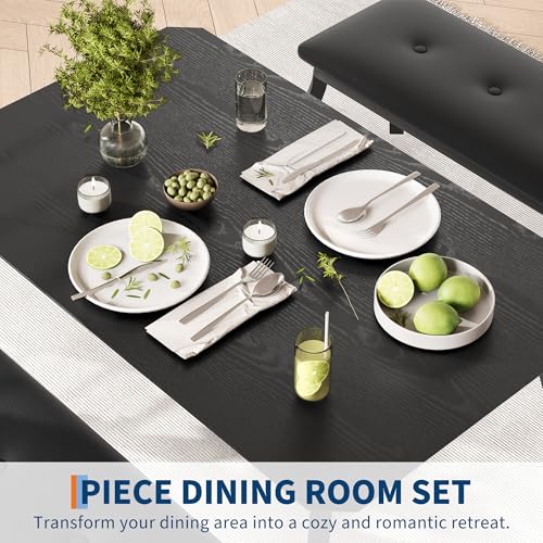 GAOMON Dining Table Set for 4, Metal Frame Kitchen Table Set with 2 Upholstered Bench, 3 Piece Dining Room Table Furniture for Apartment, Studio, Home, Easy Assembly, Black