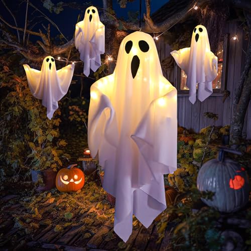 2 Pcs Lighted Hanging Ghosts Halloween Decorations Halloween Party LED Decorations Indoor Outside Ghost Ornaments for Yard Tree Garden Store Atmosphere Decoration