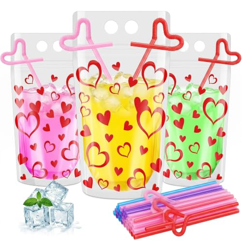 60 sets de bolsas de bebida con pitillos para San Valentín miniatura 1