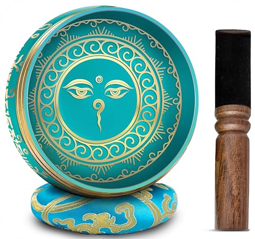 Image of Tibetan Singing Bowl Set - 4 inch Easy To Play Authentic Handmade For Meditation Sound 7 Chakra Healing By HIMALAYAN BAZAAR (Turquoise Blue, 4 inch)