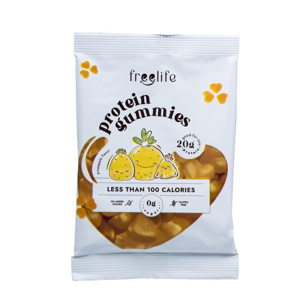 Free Life Pineapple Gummies, High Protein 20g - Gluten Free, Zero Sugar, Low Carb 4.5g, Snack, 32g Pack