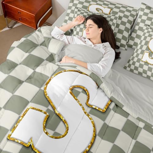 Image of Erosebridal Sage Green Checkered Full Comforter Set with Sheets 7 Piece Plaid Initial S Bed in A Bag Personalized Monogram Bedding Sets for Kids Adults,Fashion Grids Gingham Bed Set