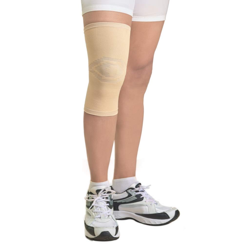 Elastic Knee Support Cap for Daily Use | Comfortable Knee Sleeve Pair for Stability and Support | Medium Size Knee Wrap for Men and Women Beige (35–38 cm)-image-6