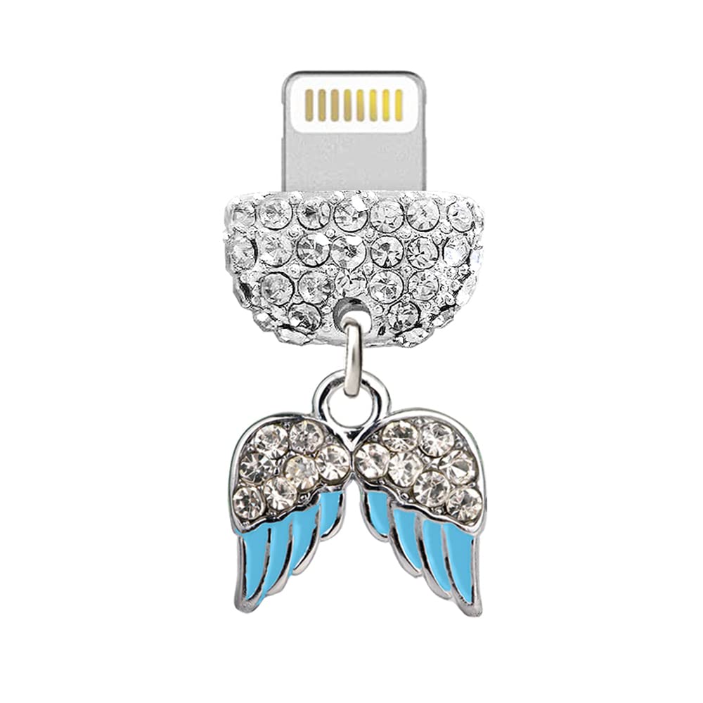 ELISE & FONDA CP442 USB Charging Port Crystal Anti Dust Plug Little Angel Wing Phone Charm for iPhone 13/12/11/ XS MAX/XR/X/8 Plus/7/6S/8/SE iPad iPod ( Blue ), 1.5cm (L) x 0.25 cm (D) x 1.2cm (H),