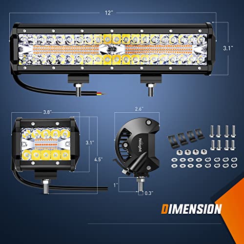 Image of Nilight 12Inch 300W LED Light Bar 2PCS 4Inch 60W Light Pods Amber White Strobe 6 Modes Memory Function Reset Function Off Road Truck with 16AWG Wiring Harness Kit-3 Leads, 2 Years Warranty