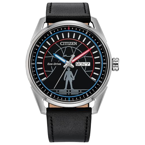 CITIZEN Mens Eco-Drive Star Wars Duel 42mm Silver-Tone Stainless Steel Case with a Black Leather Strap & Black Dial (Style: AW0160-09W)