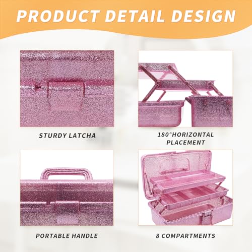 Image of 12.2inch 3-Layer Art & Craft Storage Organizer, Portable Plastic Tackle Box, Multipurpose Case for Sewing Supplies, Medicine, Makeup, Hair Accessories & Painting Tools, Pink