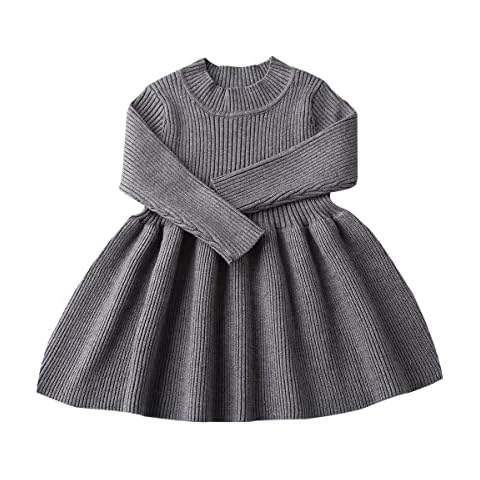 FKKFYY Baby Sweater Dress for Little Girls' Fall Long Sweater Outfits Knee Dress Playwear Pullover Kids Knit Girl Casual Dresses Size for 0-3 Months Ruffle Tops Pullovers Cotton (1831Gray, 66) Cover