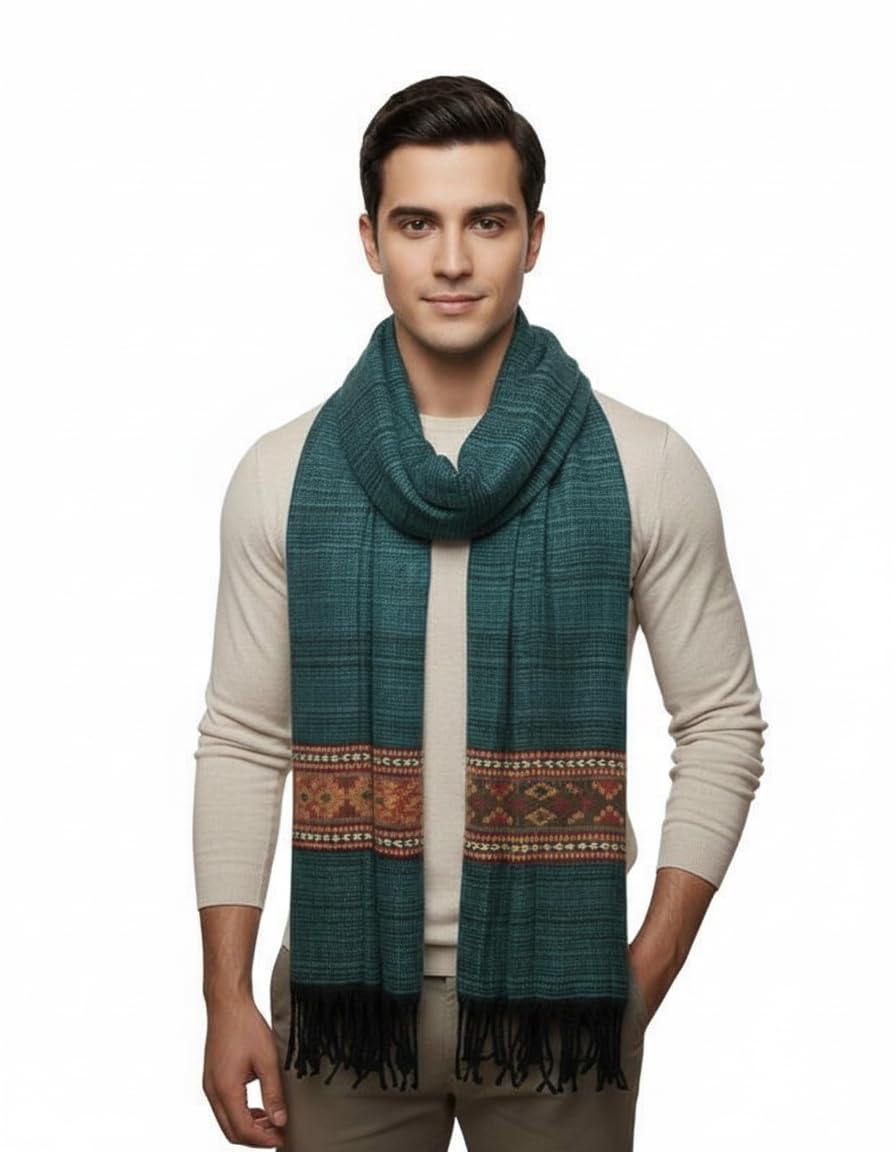 Handcrafted Winter Scarf, Teal Green with Traditional Border Pattern, Knitted Fabric with Fringe Tassels, Unisex Fashion Accessory-image-2