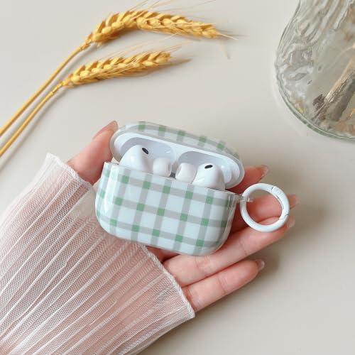 Image of MINSCOSE for AirPods Pro 3 Clear Case,Cute Retro Plaid Pattern Design with Girly Keychain Lock,Soft TPU Protective Shockproof Cover with Cleaner Kit for Girls Women for AirPods Pro 3-Green