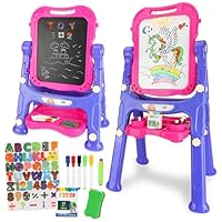 STEAM Life Art Easel for Kids, Double-Sided 4In1 Toddler Easel with Rotable Magnetic Chalkboard & White Drawing Board, Height Adjustable with Magnetic Letters & Numbers Gifts for Boys and Girls