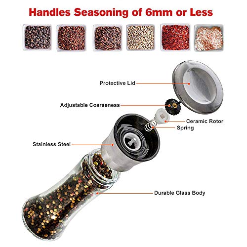 Image of Salt and Pepper Grinder Set Combo - Black Pepper,Herb Shakers Mill Refillable Manual - Stainless Steel Lid - Adjustable Coarseness - Glass Material- Fits in Home,Kitchen,Barbecue
