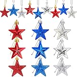 JULMELON 36Pcs Patriotic Star Ornaments Memorial Day Independence Day Labor Day Veterans Day Decorations for Home Party Christmas Tree Decor, Blue Red and Silver
