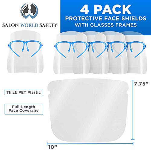 Image of TCP Global Salon World Safety Face Shields with Blue Glasses Frames (Pack of 4) - Ultra Clear Protective Full Face Shields to Protect Eyes, Nose, Mouth - Anti-Fog PET Plastic, Goggles