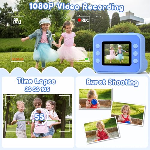 Hangrui Sofortbildkamera Kinder, 2,4 Zoll Kinderkamera Sofortbildkamera mit 32G Karte & Druckpapier, 1080P Kamera Kinder Sofortdruck mit Farbige Stifte, Geschenk für Kinders 3-12 Jahren-Blau