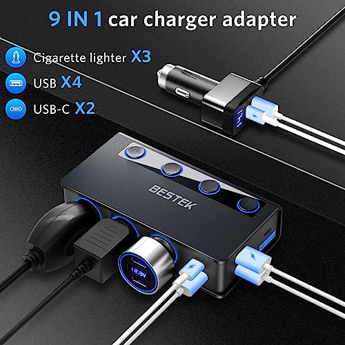 BESTEK-9-in-1-Car-Charger-Adapter-3-Socket-Cigarette-Lighter-Splitter-with-PD65WQC-30